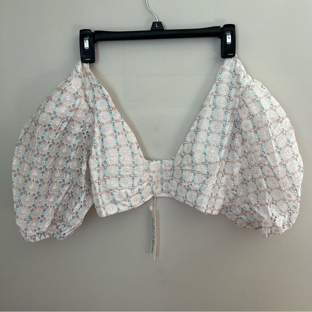 For Love And Lemons White Eyelet Crop Top with Pastel Blue Print - Picture 2 of 14